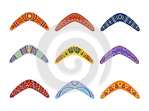 Cartoon Color Australian Aboriginal Boomerang Icon Set. Vector