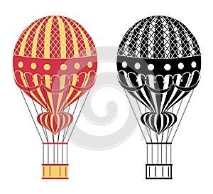 Cartoon color and black and white air balloons. Hot air balloons. Aerostat isolated on white background. Aerostat flight