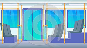 Cartoon Color Bus Empty Interior Inside Concept. Vector