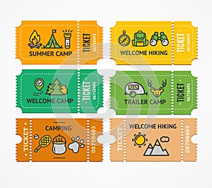 Cartoon Color Camping Ticket and Thin Line Icon Set. Vector