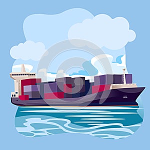 Cartoon Color Cargo Ship in Sea Port Landscape Scene Concept. Vector