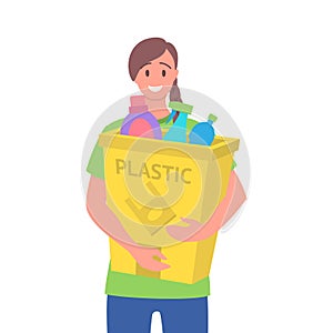 Cartoon Color Character Girl Holding Trash Bin with Plastic Concept. Vector