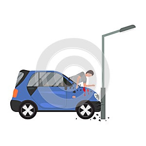 Cartoon Color Character Person and Car Accident Concept. Vector