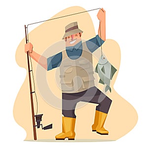 Cartoon Color Character Person Fisherman Concept. Vector