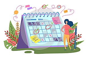 Cartoon Color Character Person Woman and Planning Day Scheduling Concept. Vector
