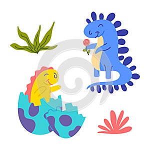 Cartoon Color Characters Cute Baby Dinosaurus Icons Set. Vector