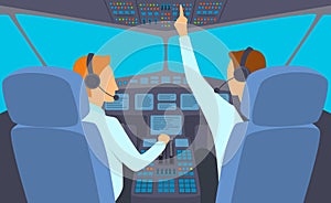 Cartoon Color Characters People and Airplane Cockpit Interior Inside Concept. Vector