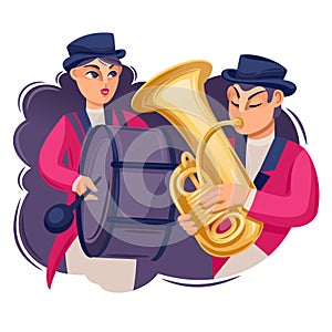 Cartoon Color Characters People and Band Parade Concept. Vector