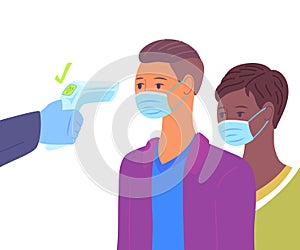 Cartoon Color Characters People and Body Temperature Check. Vector