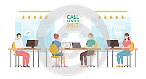 Cartoon Color Characters People and Call Center Team Concept. Vector