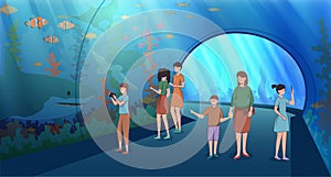 Cartoon Color Characters People with Children in Oceanarium Concept. Vector