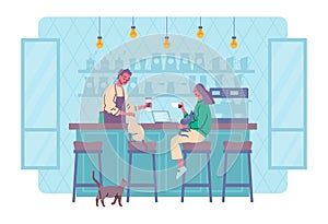 Cartoon Color Characters People and Cozy Pet Friendly Coffee Shop Interior Inside Scene Concept. Vector