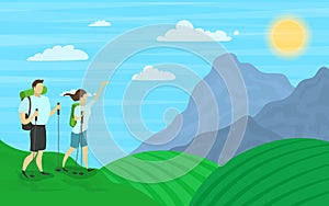 Cartoon Color Characters People and Hiking Family Concept. Vector