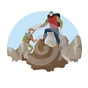 Cartoon Color Characters People and Mountain Climber Concept. Vector