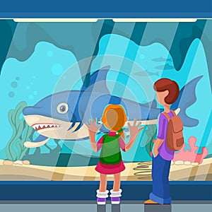 Cartoon Color Characters People and Oceanarium Interior Inside Concept. Vector