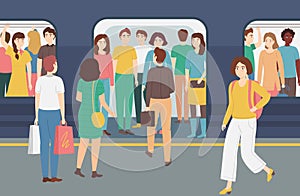 Cartoon Color Characters People and Overcrowded Underground Concept. Vector