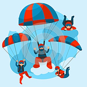 Cartoon Color Characters People Skydivers Flying Concept. Vector