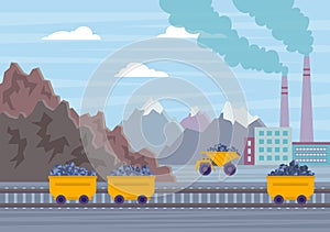 Cartoon Color Coal Mine Industry and Transportation Landscape Scene Concept. Vector