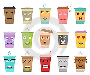 Cartoon Color Cup Coffee or Tea Characters Set. Vector