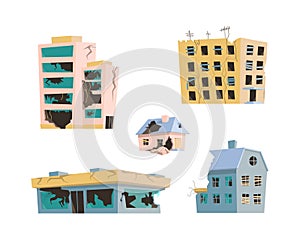 Cartoon Color Different Destroyed City Buildings Set. Vector