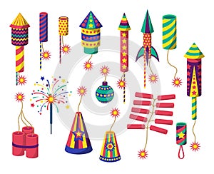 Cartoon Color Different Firecracker or Pyrotechnics Rocket Icon Set. Vector