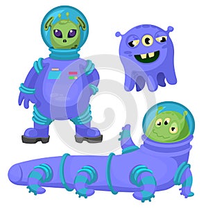 Cartoon Color Different Funny Aliens Icons Set. Vector