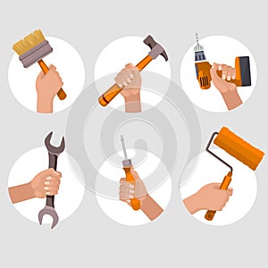Cartoon Color Different Hands Holding Construction Tools Set. Vector