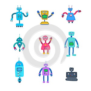 Cartoon Color Different Robot Characters Icon Set. Vector