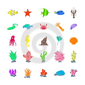 Cartoon Color Different Sea Creature Big Set. Vector