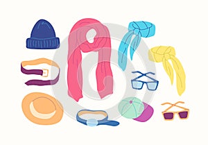 Cartoon Color Different Type Clothes Female Accessories Set. Vector