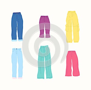 Cartoon Color Different Type Clothes Female Pants Set. Vector