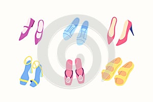 Cartoon Color Different Type Clothes Female Shoes Set. Vector