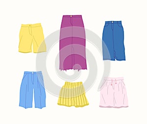 Cartoon Color Different Type Clothes Female Skirts and Shorts Set. Vector