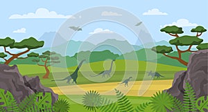 Cartoon Color Dinosaurs and Landscape Scene Concept. Vector