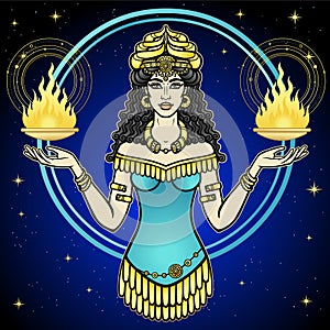 Cartoon color drawing: beautiful woman in a horned crown holds a sacred fire in hands, character in Assyrian mythology