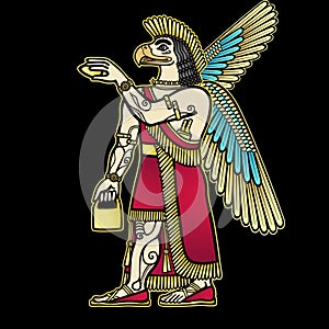 Cartoon color drawing: divine man bird. Character in Assyrian mythology.