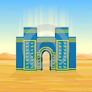 Cartoon color drawing: Ishtar Gate. Ancient sacred temple.