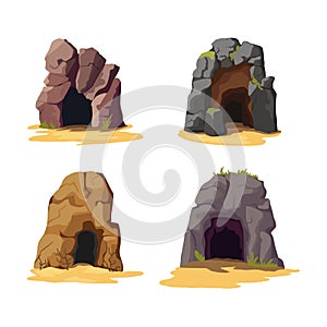 Cartoon Color Empty Stone Caves Entrance Set. Vector