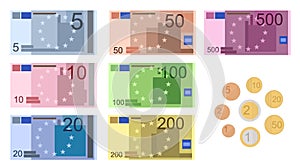 Cartoon Color Euro Banknotes Icon Set. Vector