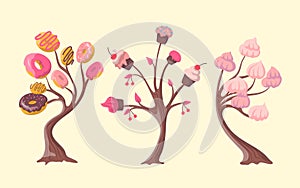 Cartoon Color Fantasy Candy Trees Set with Donuts and Cupcakes. Vector