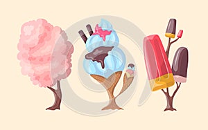 Cartoon Color Fantasy Candy Trees Set with Ice Cream and Cotton Candy. Vector