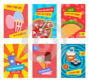 Cartoon Color Fast Food Concept Placard Template Banner Set. Vector