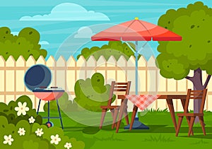 Cartoon Color Garden Picnic Backyard Scene Concept. Vector