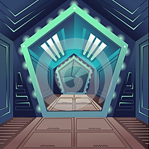 Cartoon Color Hallway Door Spaceship Interior Inside Concept. Vector