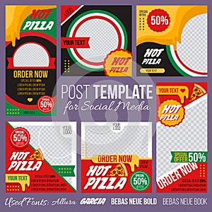 Cartoon Color Hot Pizza Concept Placard Template Banner Set. Vector