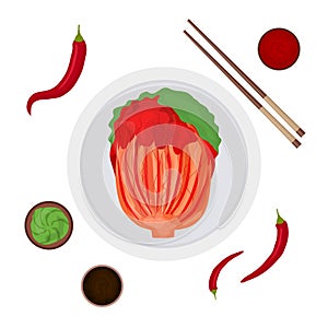 Cartoon Color Korean Traditional Food Kimchi and Elements Set. Vector