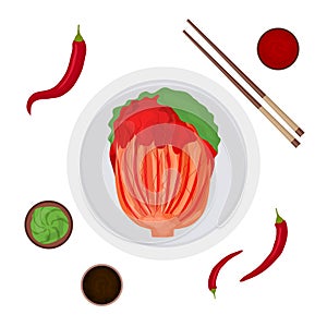Cartoon Color Korean Traditional Food Kimchi and Elements Set. Vector photo
