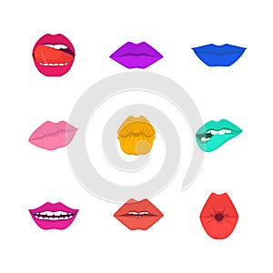 Cartoon Color Lips Icons Set. Vector