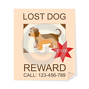 Cartoon Color Lost Dog Ad Poster Card. Vector