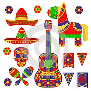 Cartoon Color Mexican Fiesta Icon Set. Vector photo